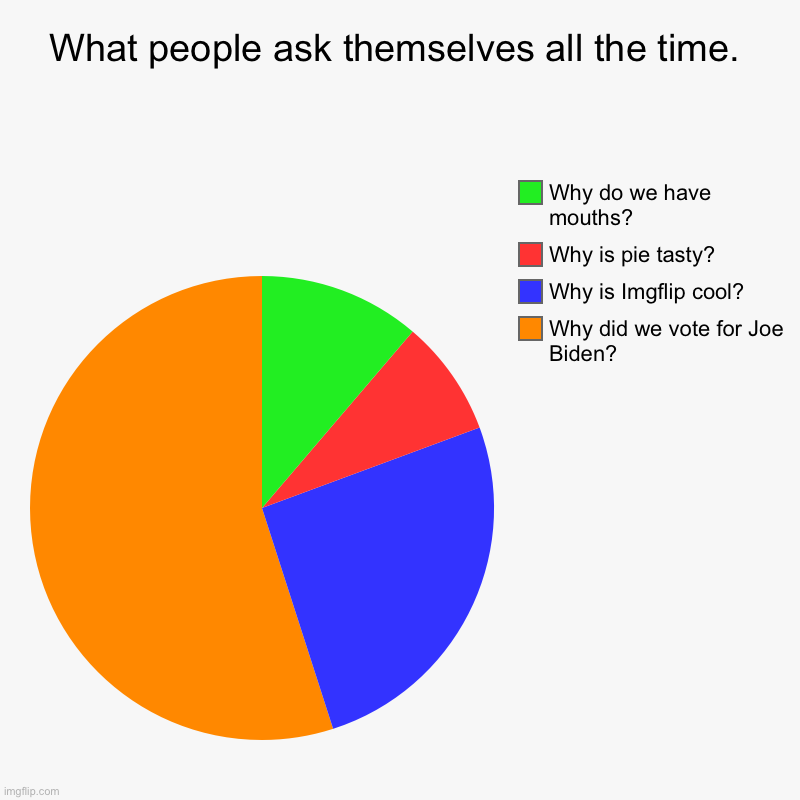 Truth meme. | What people ask themselves all the time. | Why did we vote for Joe Biden?, Why is Imgflip cool?, Why is pie tasty?, Why do we have mouths? | image tagged in charts,pie charts,joe biden,trump 2022 | made w/ Imgflip chart maker