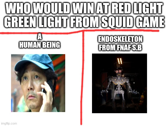 Which is better at Squid Game? Hmmmmmmmmmmmmmmmmmmmmmmm(Btw please upvote) | WHO WOULD WIN AT RED LIGHT GREEN LIGHT FROM SQUID GAME; A HUMAN BEING; ENDOSKELETON FROM FNAF S.B | image tagged in blank white template,who would win | made w/ Imgflip meme maker