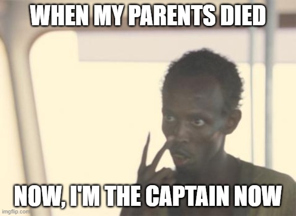 I'm The Captain Now Meme | WHEN MY PARENTS DIED; NOW, I'M THE CAPTAIN NOW | image tagged in memes,i'm the captain now,funny memes | made w/ Imgflip meme maker