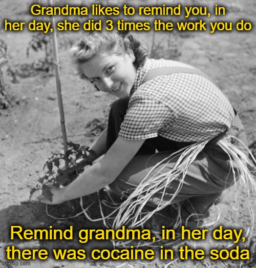 Soda Break | Grandma likes to remind you, in her day, she did 3 times the work you do; Remind grandma, in her day, there was cocaine in the soda | image tagged in vintage housewife | made w/ Imgflip meme maker