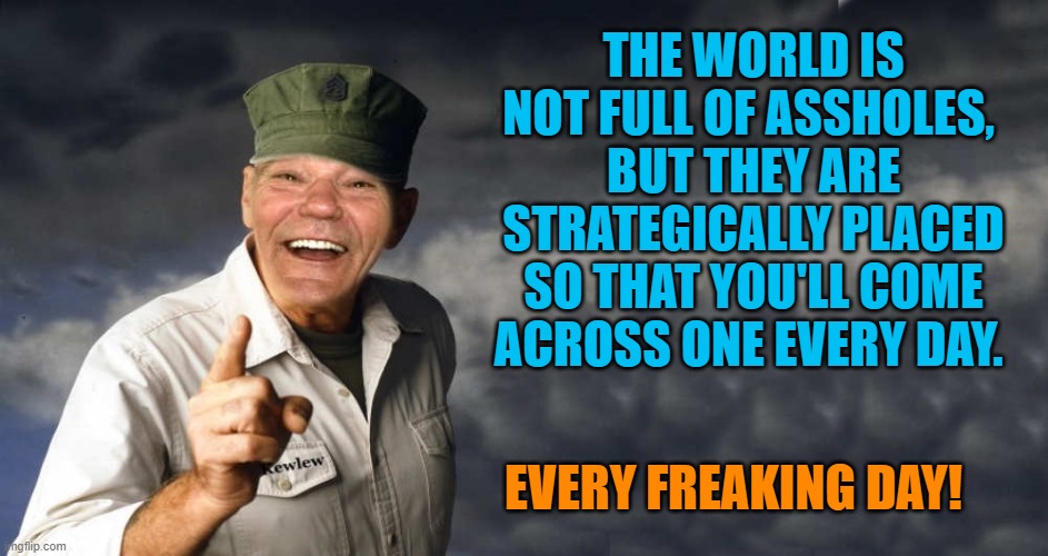 THE WORLD IS NOT FULL OF ASSHOLES, 
BUT THEY ARE STRATEGICALLY PLACED
SO THAT YOU'LL COME ACROSS ONE EVERY DAY. EVERY FREAKING DAY! | made w/ Imgflip meme maker