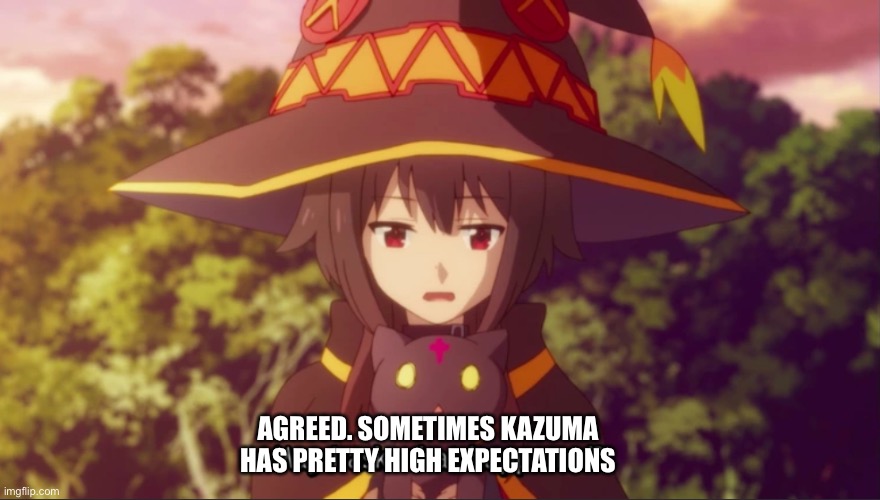 Megumin may I ask what happened | AGREED. SOMETIMES KAZUMA HAS PRETTY HIGH EXPECTATIONS | image tagged in megumin may i ask what happened | made w/ Imgflip meme maker