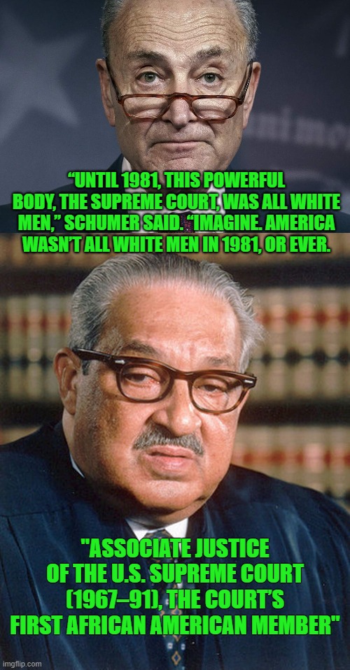 Chuck Schumer | “UNTIL 1981, THIS POWERFUL BODY, THE SUPREME COURT, WAS ALL WHITE MEN,” SCHUMER SAID. “IMAGINE. AMERICA WASN’T ALL WHITE MEN IN 1981, OR EVER. "ASSOCIATE JUSTICE OF THE U.S. SUPREME COURT (1967–91), THE COURT’S FIRST AFRICAN AMERICAN MEMBER" | image tagged in supreme court,chuck schumer | made w/ Imgflip meme maker