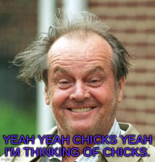 Jack Nicholson Crazy Hair | YEAH YEAH CHICKS YEAH I'M THINKING OF CHICKS. | image tagged in jack nicholson crazy hair | made w/ Imgflip meme maker