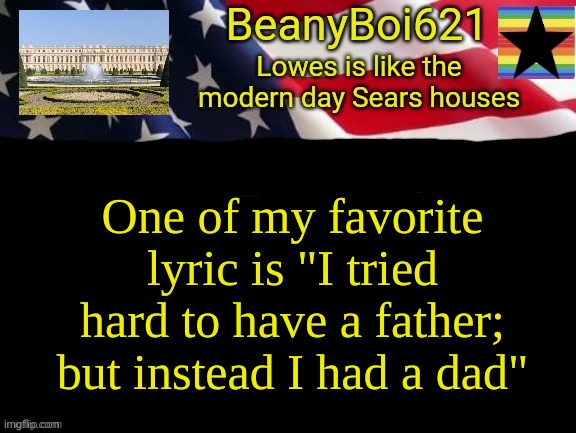 Nobody asked | One of my favorite lyric is "I tried hard to have a father; but instead I had a dad" | image tagged in american beany | made w/ Imgflip meme maker