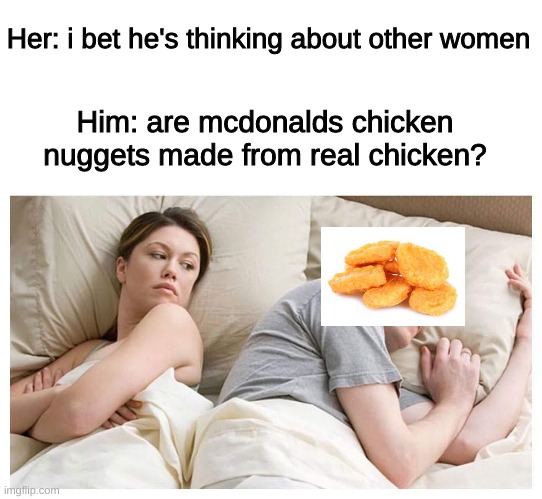 nuggiez | Her: i bet he's thinking about other women; Him: are mcdonalds chicken nuggets made from real chicken? | image tagged in chicken nuggets | made w/ Imgflip meme maker