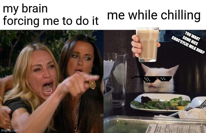 Woman Yelling At Cat | my brain forcing me to do it; me while chilling; YOU WANT SOME NICE CHOC'CYLIC MILK BUD? | image tagged in memes,woman yelling at cat | made w/ Imgflip meme maker