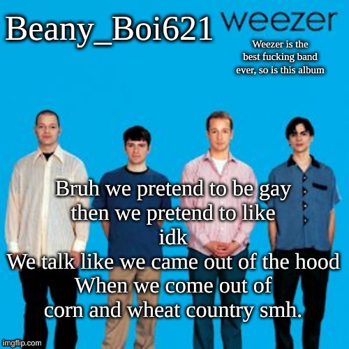 xd | Bruh we pretend to be gay
then we pretend to like
idk
We talk like we came out of the hood
When we come out of corn and wheat country smh. | image tagged in weezing beany | made w/ Imgflip meme maker