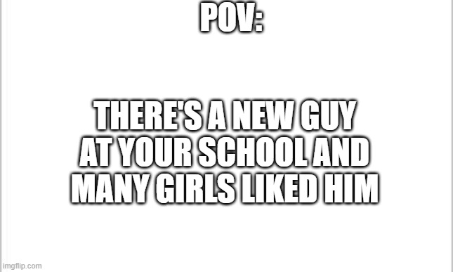no military/joke/op ocs and no erp | POV:; THERE'S A NEW GUY AT YOUR SCHOOL AND MANY GIRLS LIKED HIM | image tagged in white background | made w/ Imgflip meme maker