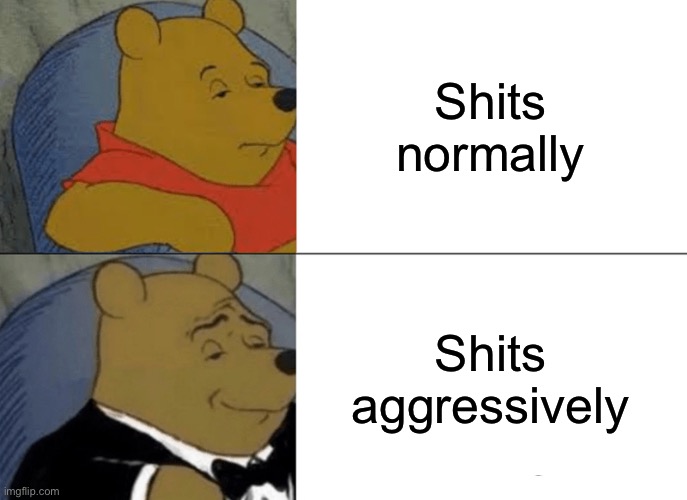 Shit | Shits normally; Shits aggressively | image tagged in memes,tuxedo winnie the pooh | made w/ Imgflip meme maker