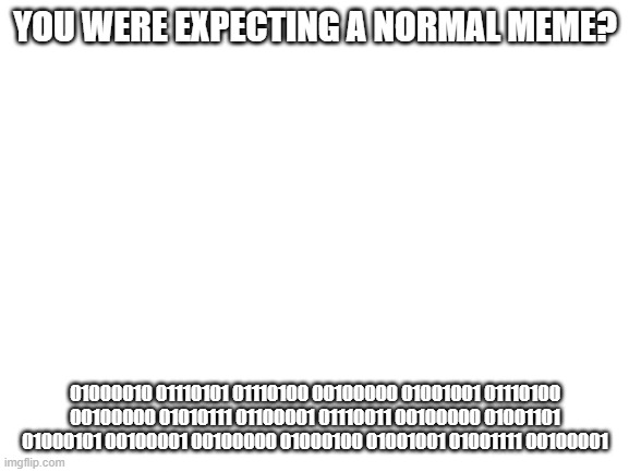 Blank White Template | YOU WERE EXPECTING A NORMAL MEME? 01000010 01110101 01110100 00100000 01001001 01110100 00100000 01010111 01100001 01110011 00100000 01001101 01000101 00100001 00100000 01000100 01001001 01001111 00100001 | image tagged in blank white template | made w/ Imgflip meme maker