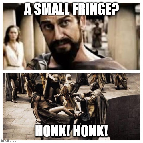 A small fringe eh? | A SMALL FRINGE? HONK! HONK! | image tagged in 300 | made w/ Imgflip meme maker