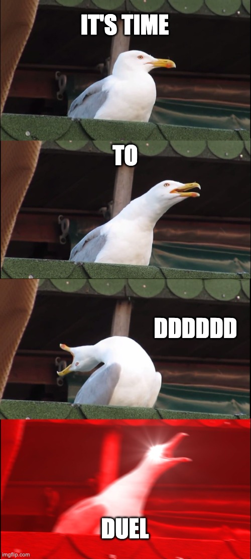 Inhaling Seagull | IT'S TIME; TO; DDDDDD; DUEL | image tagged in memes,inhaling seagull | made w/ Imgflip meme maker