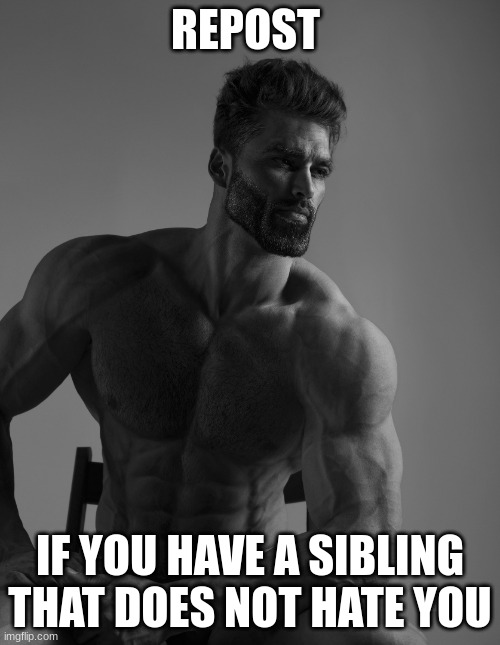 Giga Chad | REPOST; IF YOU HAVE A SIBLING THAT DOES NOT HATE YOU | image tagged in giga chad | made w/ Imgflip meme maker