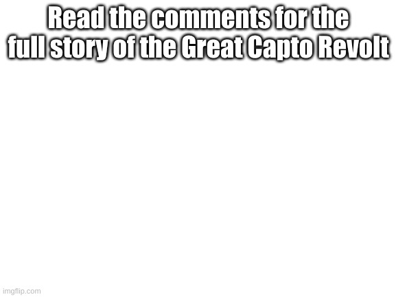 Blank White Template | Read the comments for the full story of the Great Capto Revolt | image tagged in blank white template | made w/ Imgflip meme maker
