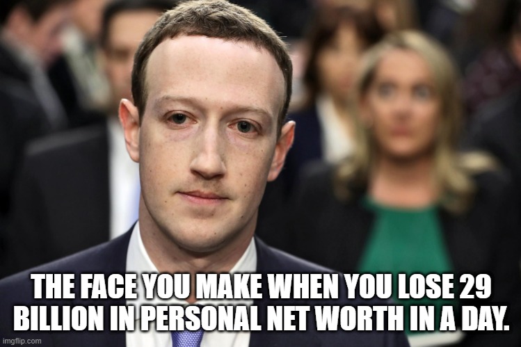 Zuck losing money | THE FACE YOU MAKE WHEN YOU LOSE 29 BILLION IN PERSONAL NET WORTH IN A DAY. | image tagged in mark zuckerberg | made w/ Imgflip meme maker