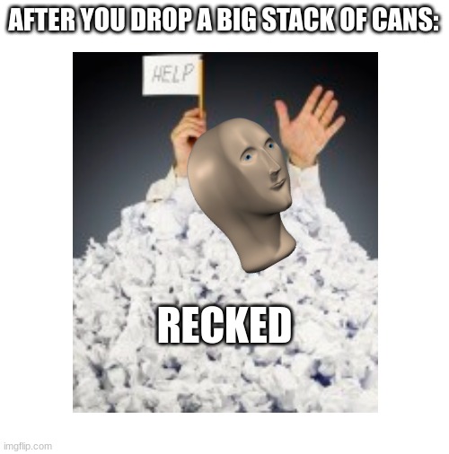 This took me a little bit to make | AFTER YOU DROP A BIG STACK OF CANS:; RECKED | image tagged in blank white template | made w/ Imgflip meme maker