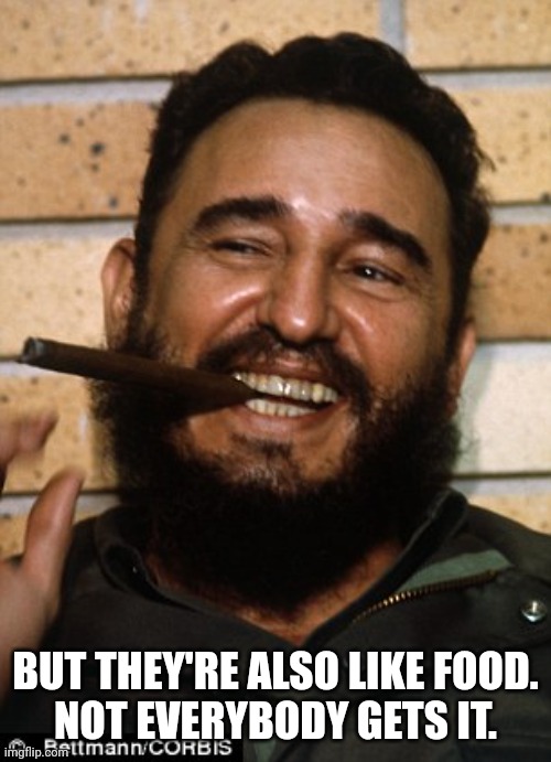 Fidel Castro | BUT THEY'RE ALSO LIKE FOOD.
NOT EVERYBODY GETS IT. | image tagged in fidel castro | made w/ Imgflip meme maker
