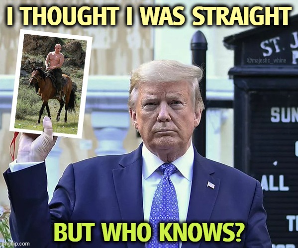 He's so manly. | I THOUGHT I WAS STRAIGHT; BUT WHO KNOWS? | image tagged in putin,horse,trump,bible | made w/ Imgflip meme maker