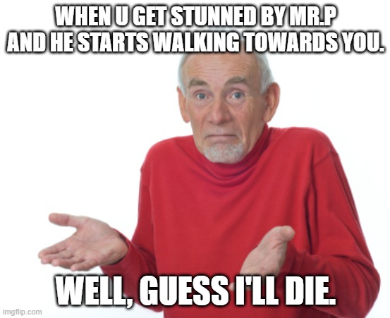 Bruh. | WHEN U GET STUNNED BY MR.P AND HE STARTS WALKING TOWARDS YOU. WELL, GUESS I'LL DIE. | image tagged in guess i'll die | made w/ Imgflip meme maker