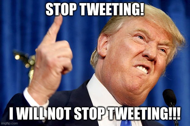 trump | STOP TWEETING! I WILL NOT STOP TWEETING!!! | image tagged in donald trump,trump | made w/ Imgflip meme maker