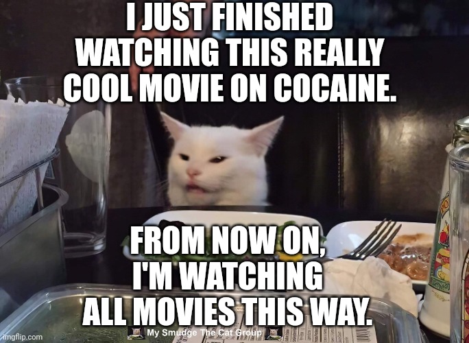  I JUST FINISHED WATCHING THIS REALLY COOL MOVIE ON COCAINE. FROM NOW ON, I'M WATCHING ALL MOVIES THIS WAY. | image tagged in smudge the cat | made w/ Imgflip meme maker