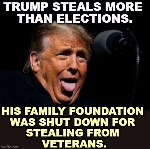 Trump sticks out his tongue respect American people | TRUMP STEALS MORE 
THAN ELECTIONS. HIS FAMILY FOUNDATION 
WAS SHUT DOWN FOR 
STEALING FROM 
VETERANS. | image tagged in trump sticks out his tongue respect american people,trump,thief,steal,charity,money | made w/ Imgflip meme maker