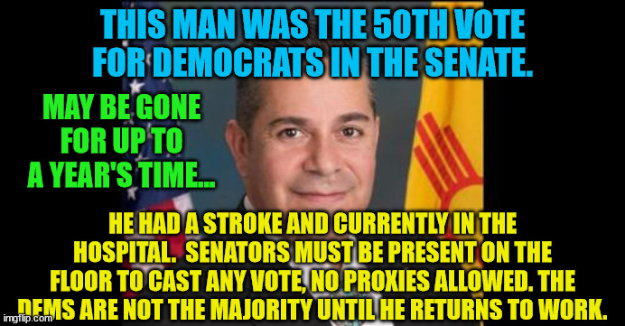 Democrat Senator | THIS MAN WAS THE 50TH VOTE FOR DEMOCRATS IN THE SENATE. MAY BE GONE FOR UP TO A YEAR'S TIME... HE HAD A STROKE AND CURRENTLY IN THE HOSPITAL.  SENATORS MUST BE PRESENT ON THE FLOOR TO CAST ANY VOTE, NO PROXIES ALLOWED. THE DEMS ARE NOT THE MAJORITY UNTIL HE RETURNS TO WORK. | image tagged in democrat senator | made w/ Imgflip meme maker