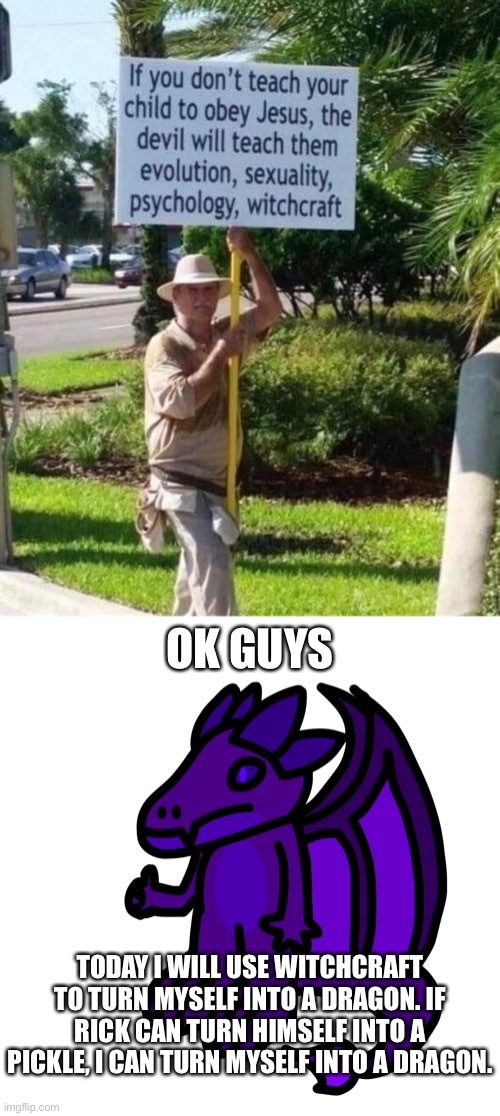 Behold, the funny | OK GUYS; TODAY I WILL USE WITCHCRAFT TO TURN MYSELF INTO A DRAGON. IF RICK CAN TURN HIMSELF INTO A PICKLE, I CAN TURN MYSELF INTO A DRAGON. | made w/ Imgflip meme maker