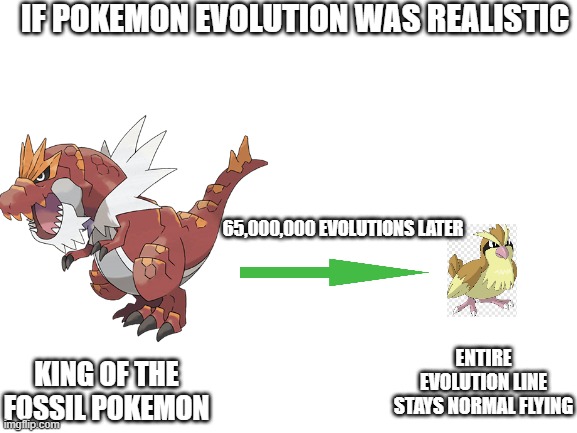 IF POKEMON EVOLUTION WAS REALISTIC; 65,000,000 EVOLUTIONS LATER; ENTIRE EVOLUTION LINE STAYS NORMAL FLYING; KING OF THE FOSSIL POKEMON | image tagged in pokemon | made w/ Imgflip meme maker