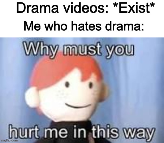 No more drama! | Drama videos: *Exist*; Me who hates drama: | image tagged in why must you hurt me in this way | made w/ Imgflip meme maker