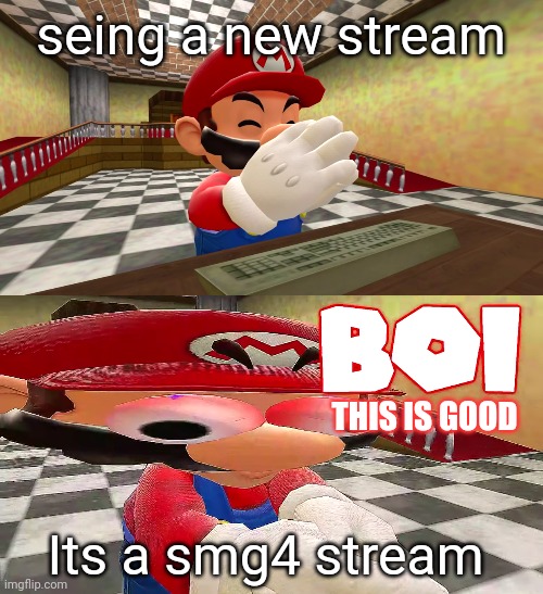 BOI THIS STREAM IS GOOD | seing a new stream; THIS IS GOOD; Its a smg4 stream | image tagged in smg4 mario plays unfair mario b o i,stream,smg4,memes,funny,mario | made w/ Imgflip meme maker