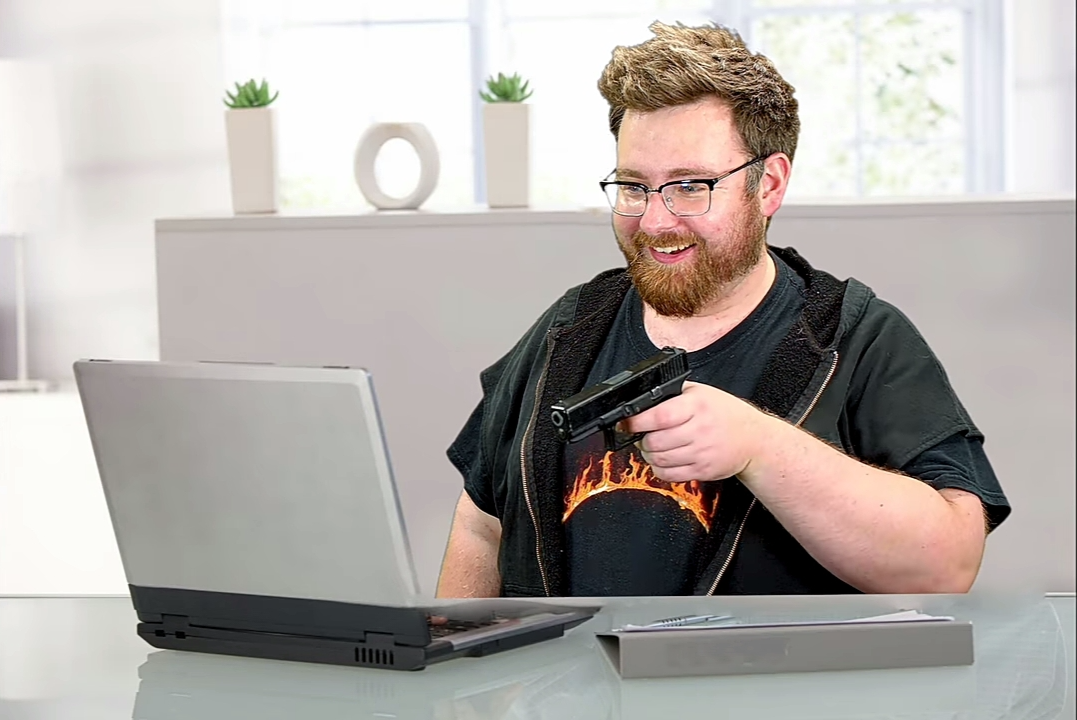 High Quality Tom pointing a gun at a laptop Blank Meme Template