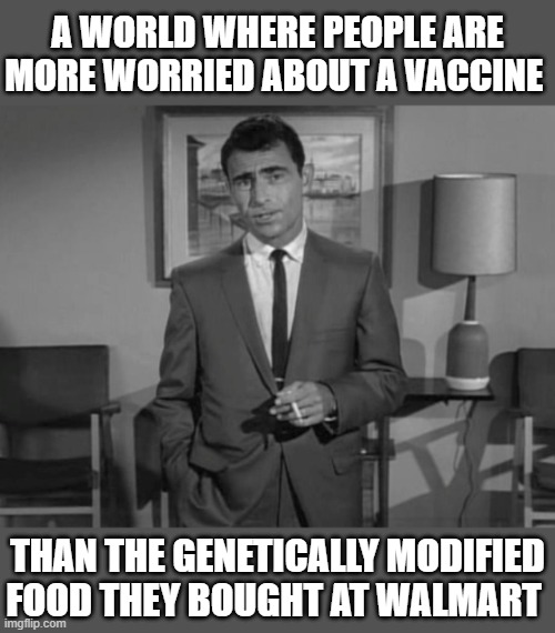 imagine a nation so stupid | A WORLD WHERE PEOPLE ARE MORE WORRIED ABOUT A VACCINE; THAN THE GENETICALLY MODIFIED FOOD THEY BOUGHT AT WALMART | image tagged in rod serling imagine if you will | made w/ Imgflip meme maker