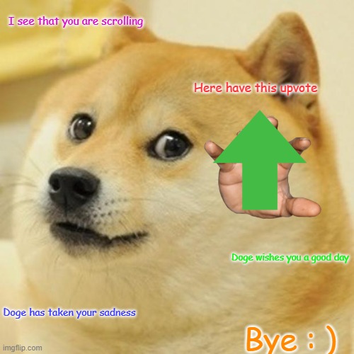 Doge is happy | I see that you are scrolling; Here have this upvote; Doge wishes you a good day; Doge has taken your sadness; Bye : ) | image tagged in memes,doge | made w/ Imgflip meme maker