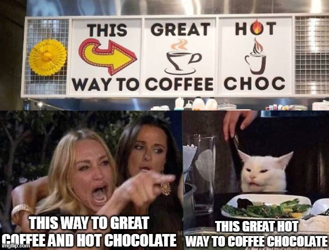 Prepare for an Odd Aftertaste | THIS GREAT HOT WAY TO COFFEE CHOCOLATE; THIS WAY TO GREAT COFFEE AND HOT CHOCOLATE | image tagged in woman yelling at cat,meme,memes,signs | made w/ Imgflip meme maker