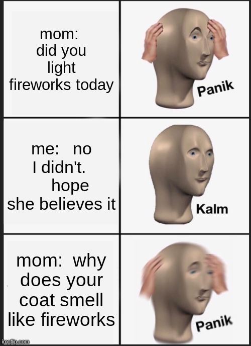 Panik Kalm Panik Meme | mom:  did you light fireworks today; me:   no I didn't.      hope she believes it; mom:  why does your coat smell like fireworks | image tagged in memes,panik kalm panik | made w/ Imgflip meme maker