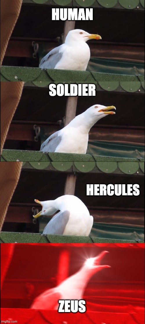 Your level of fighting | HUMAN; SOLDIER; HERCULES; ZEUS | image tagged in memes,inhaling seagull | made w/ Imgflip meme maker