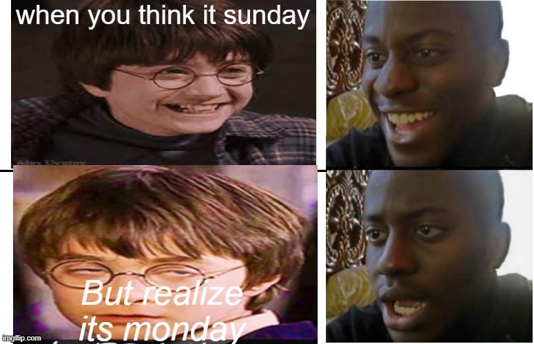 Harry potter on monday morning | when you think it sunday; But realize its monday | image tagged in harry potter,monday | made w/ Imgflip meme maker