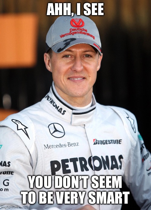 Michael Schumacher spitting faxx | AHH, I SEE; YOU DON’T SEEM TO BE VERY SMART | image tagged in f1,formula 1 | made w/ Imgflip meme maker