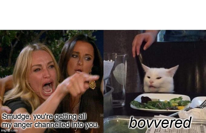 Woman Yelling At Cat Meme | Smudge, you're getting all my anger channelled into you. bovvered | image tagged in memes,woman yelling at cat | made w/ Imgflip meme maker