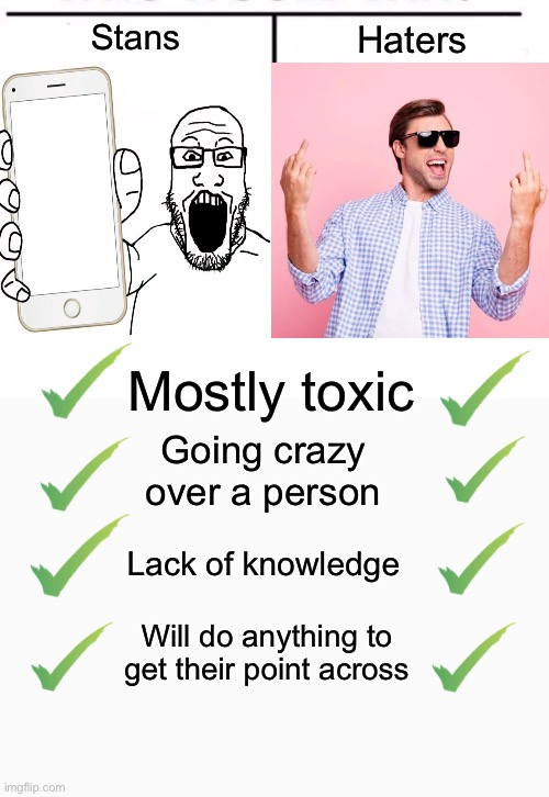 Applies to most subjects | Stans; Haters; Mostly toxic; Going crazy over a person; Lack of knowledge; Will do anything to get their point across | image tagged in if ur reading this ur a legend,mods pls change this tag | made w/ Imgflip meme maker