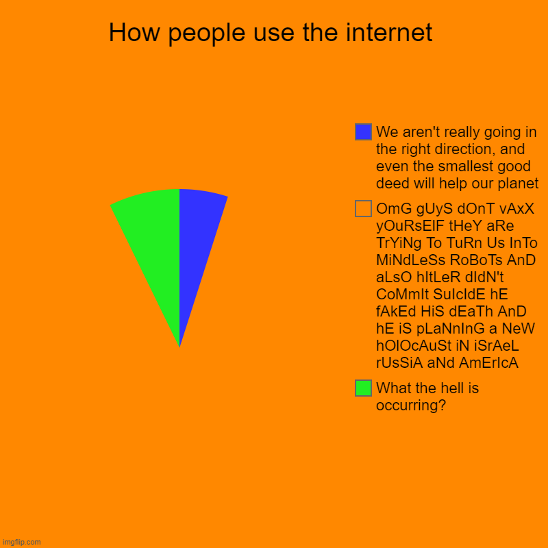 Seems legit | How people use the internet | What the hell is occurring?, OmG gUyS dOnT vAxX yOuRsElF tHeY aRe TrYiNg To TuRn Us InTo MiNdLeSs RoBoTs AnD a | image tagged in charts,pie charts | made w/ Imgflip chart maker