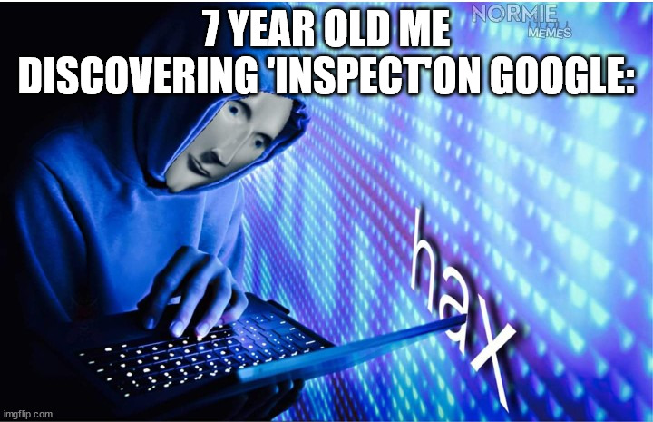 Hex kool | 7 YEAR OLD ME DISCOVERING 'INSPECT'ON GOOGLE: | image tagged in hax | made w/ Imgflip meme maker