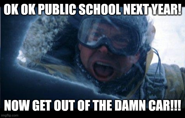 Day after tomorrow | OK OK PUBLIC SCHOOL NEXT YEAR! NOW GET OUT OF THE DAMN CAR!!! | image tagged in day after tomorrow | made w/ Imgflip meme maker