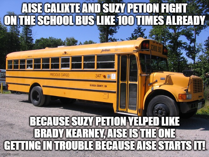 Aise and Suzy fighting on the school bus/ Aise gets in trouble/Suzy yelping like Brady | AISE CALIXTE AND SUZY PETION FIGHT ON THE SCHOOL BUS LIKE 100 TIMES ALREADY; BECAUSE SUZY PETION YELPED LIKE BRADY KEARNEY, AISE IS THE ONE GETTING IN TROUBLE BECAUSE AISE STARTS IT! | image tagged in school bus,bad luck brian,doge,baby crying | made w/ Imgflip meme maker