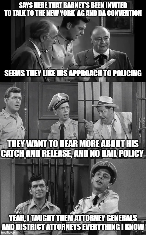 Barney Fife - Role Model | THEY WANT TO HEAR MORE ABOUT HIS CATCH AND RELEASE, AND NO BAIL POLICY; YEAH, I TAUGHT THEM ATTORNEY GENERALS AND DISTRICT ATTORNEYS EVERYTHING I KNOW | image tagged in liberal logic,crime,liberal policies | made w/ Imgflip meme maker