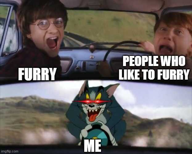 A good title | PEOPLE WHO LIKE TO FURRY; FURRY; ME | image tagged in tom chasing harry and ron weasly | made w/ Imgflip meme maker