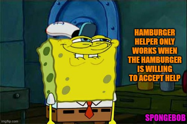 Don't You Squidward | HAMBURGER HELPER ONLY WORKS WHEN THE HAMBURGER IS WILLING TO ACCEPT HELP; SPONGEBOB | image tagged in memes,don't you squidward | made w/ Imgflip meme maker
