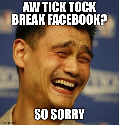 facebook | AW TICK TOCK BREAK FACEBOOK? SO SORRY | image tagged in china,tick tock | made w/ Imgflip meme maker